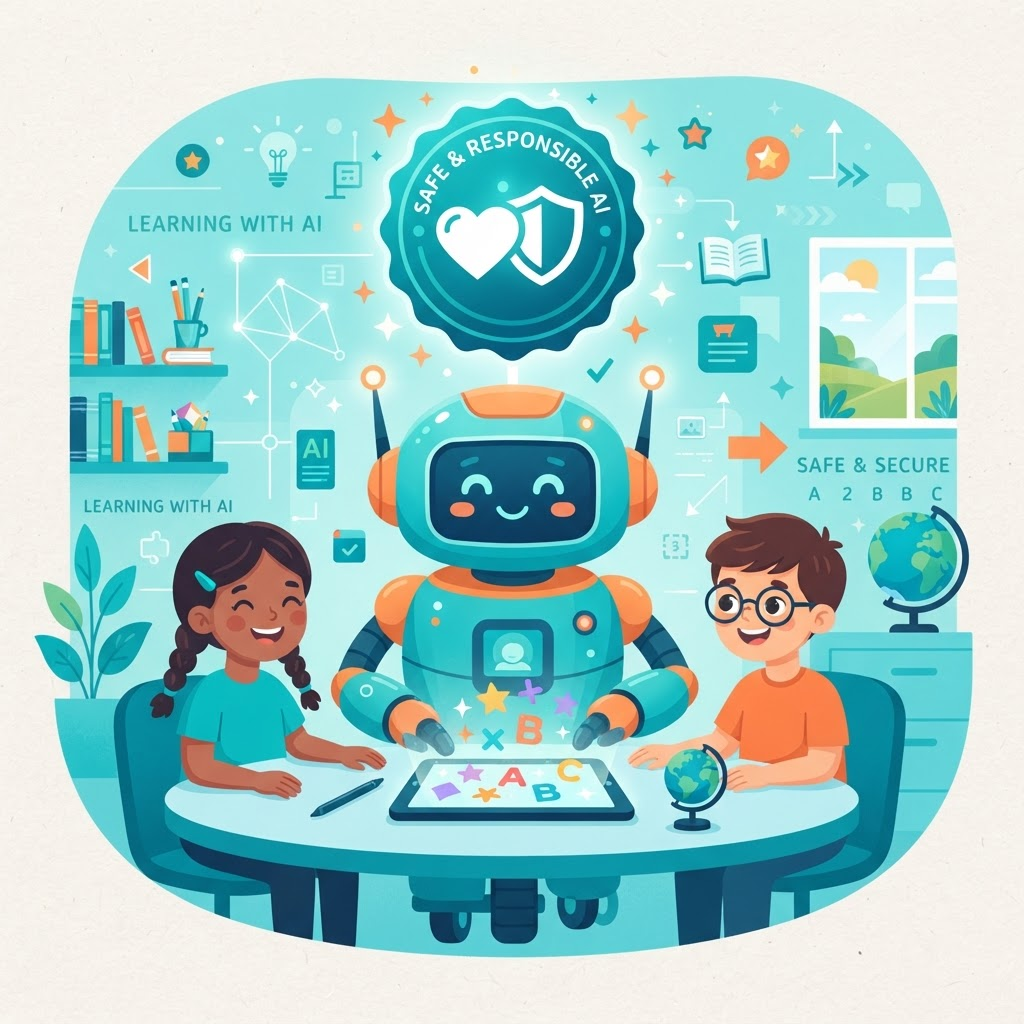 Friendly robot assistant helping a child learn, with safety shield and heart icons