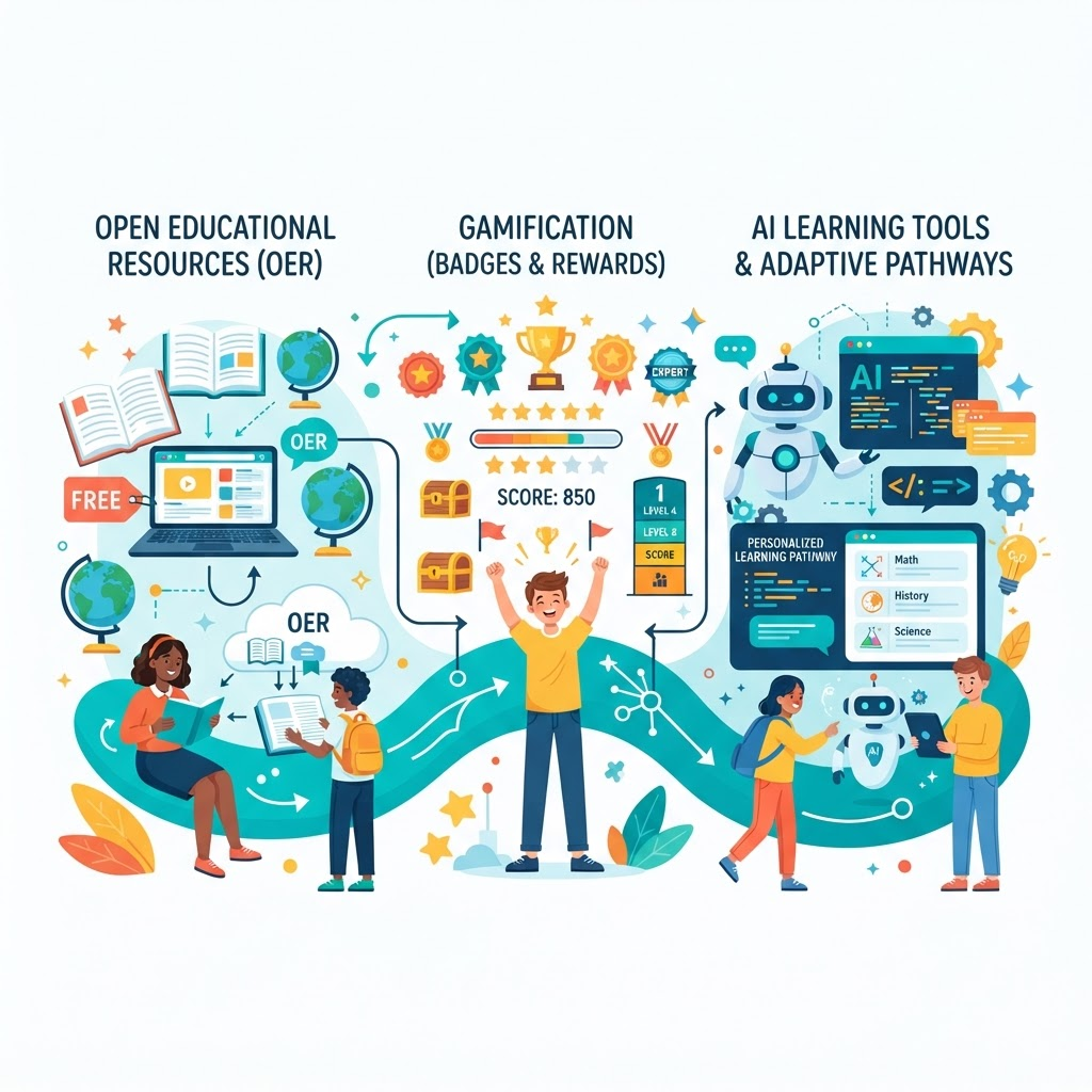 Open educational resources, gamification badges, and AI learning tools icons